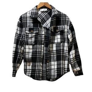 Women’s Plaid Flannel Shirt Light Shacket Black White Size M Long Sleeve Button